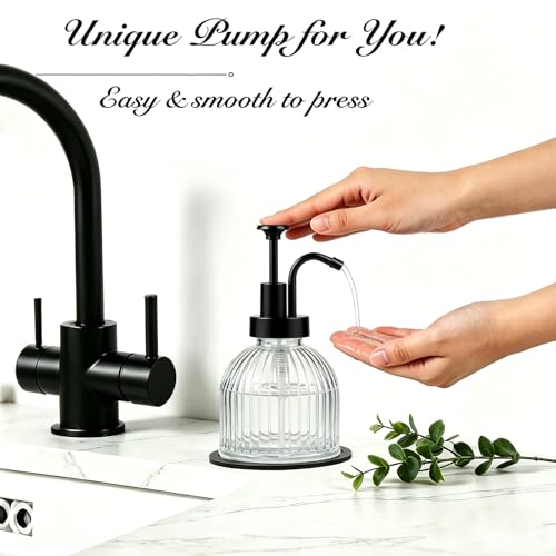 SheeChung 8 Oz Glass Soap Dispenser Bathroom, Clear Liquid Hand Soap Dispenser with Pump, Refillable Dish Soap Dispenser for Kitchen, Cute Modern Stripes Lotion Bottle, Shampoo (Black Pump, 2 Pack) - color: Clear-black Pump, 2 Pack