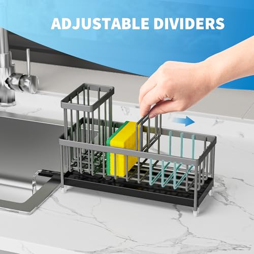 Cisily Sponge Holder for Kitchen Sink, Sink Caddy Organizer with High Brush Holder, Kitchen Countertop Organizers and Storage Essentials, Rustproof 304 Stainless Steel (Dark Grey, 9.25″) - color: Dark Grey - 9.25″