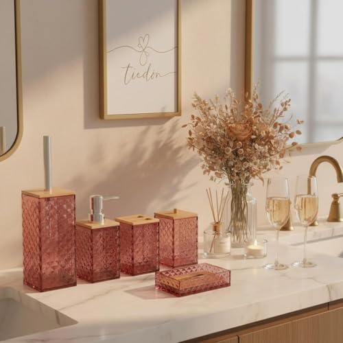 Red Bathroom Accessory Set, 6 PCS Red Bathroom Accessories Set,Soap Dispenser, Toothbrush Holder, Soap Dish, Mouthwash Cup, Cotton Swab Holder and Toilet Brush, Acrylic - color: Red