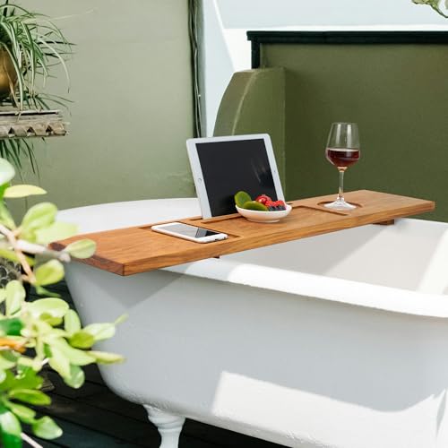 VaeFae Teak Bathtub Tray Table, Wooden Bath Board for Tub with Wine and iPad Holder - size: 34.3" x 7.8" x 0.8"