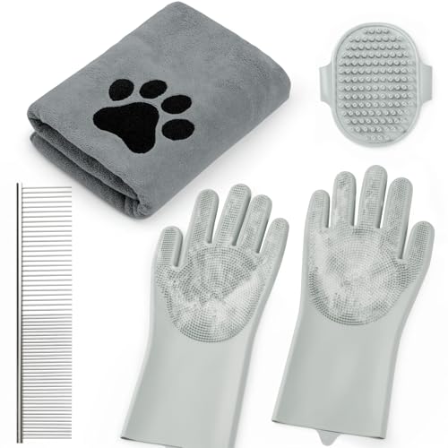 Pet Shower & Bath Supplies，Dog Shampoo Brush Set with Towel, Washing Gloves,Comb for Dogs and Cats (Grey) - color: grey, size: M
