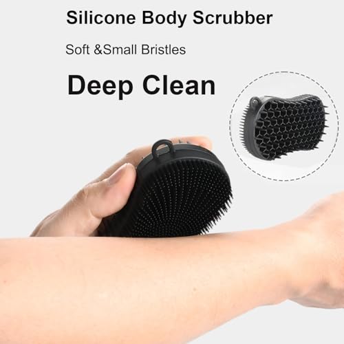 Silicone Body Scrubber, Double Sided Exfoliating Brush with Soft Flexible Bristles, Scalp Massage and Shampoo Tool with Hanger Loop (Black) - color: Black
