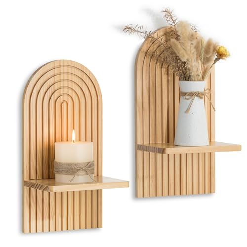 Boho Wall Decor Set of Two - Natural Modern Minimalist Mid Century Wall Candle Holder for Living Room - Wood Bohemian Decor for Bathroom Nursery Bedroom - color: Natural
