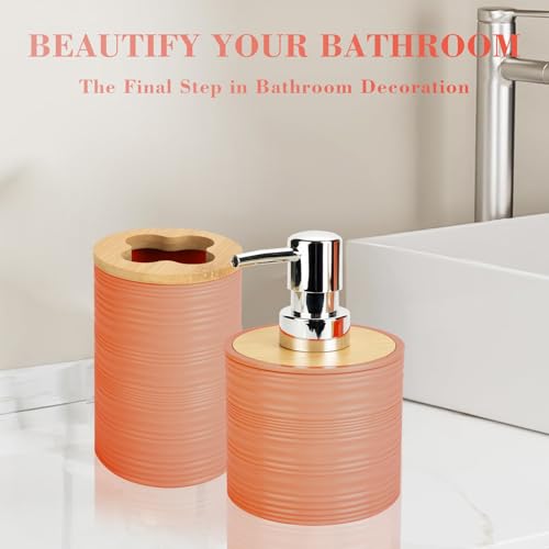 2 PCS Orange Bathroom Accessories Set, Soap Dispenser and Toothbrush Holder Set, Plastics & Bamboo Bathroom Set, Bohemian Style Bathroom Sink Set - color: Orange, size: 2 PCS