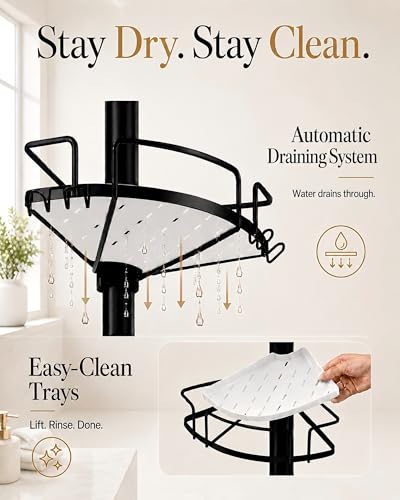 ALLZONE Corner Shower Caddy Tension Pole, 4 Hang-On Basket with Mixed-Height Shelves for Various Bottle Sizes, Extra Hooks & Soap Holder, Rustproof Stainless Steel, Fits 34–116 Inch, Black/White - color: Black/White