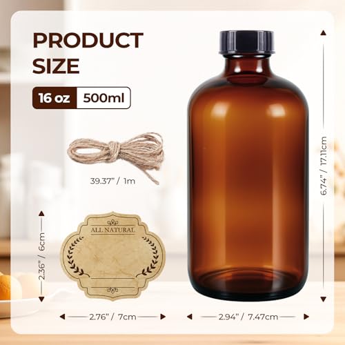3 Pack,16 OZ Amber Glass Bottles Boston Round Sample Refillable Bottles with Black Caps, Perfect Glass Containers for kombucha, Secondary Fermentation,Storing condiment,Homemade Essential Oils - color: Amber