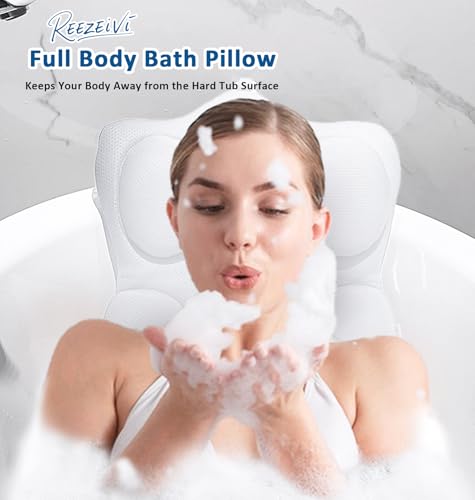 REEZEIVI Full Body Bath Pillow,Thick Bathtub Cushion with Laundry Bag,Bath Pillow with 13 Non-Slip Suction Cups,Soft 3D Mesh Fabric,Bathtub Cushion for Headrest Neck and Back Support (White) - color: White