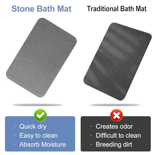 Stone Bath Mat, 2 Pack Diatomaceous Earth Shower Mat, Non-Slip Super Absorbent Quick Drying Bathroom Floor Mat, 24x15, Grey - color: Grey, size: 24" x 15" (2 Pack)