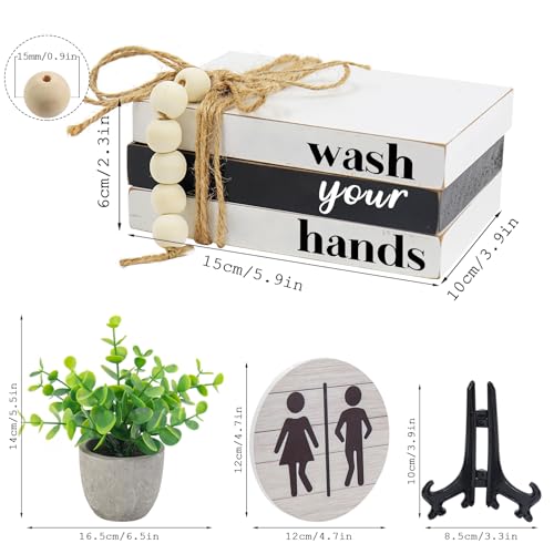 Bathroom Shelf Decor Signs with Bookstack, 3D Round Signs & Fake Plants | Wash Your Hands Sign, Farmhouse Bathroom Decor and Accessories for Restroom Shelf, Guest Bathroom, Home Toilet - color: Washyouhans