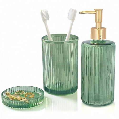 New Hensoar 3 Pcs Green Bathroom Accessories Set, Glass Bathroom Set，Soap Dispenser, Toothbrush Holder, Jewelry Tray, Crystal Modern Bathroom Decor, Housewarming Gift Set - style: 3 pcsGreen