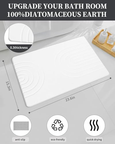 Stone Bath Mat 24"x16" - Diatomaceous Earth Shower Mat, Quick Dry, Anti-Slip, Modern Design with Bonus Non-Slip Pad - Perfect for Home Safety and Style,White,Straight - color: White,straight