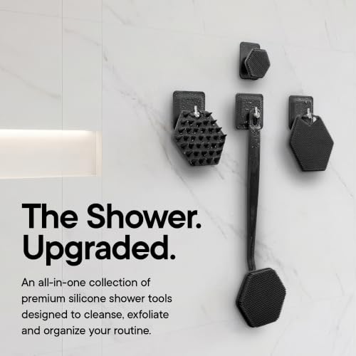 TOOLETRIES The Scrub King Silicone Shower Set - Charcoal | Complete silicone shower set with back, body, face and scalp scrubbers, hooks and storage holder.