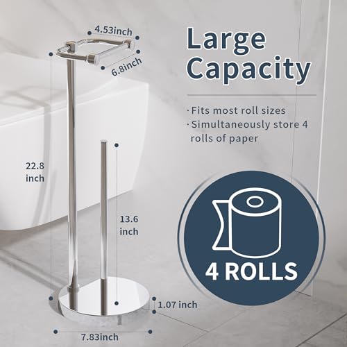 RARXTR Toilet Paper Holder Stand, Post Pivoting Design Free Standing Toilet Paper Holder with Storage for 4 Rolls, SUS304 Stainless Steel Tissue Holder with Reserve, Heavy-Duty Base (Chrome) - color: Chrome, size: Free Standing With Storage