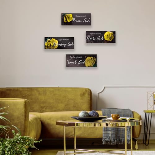 ONIZHITY 4Pcs Yellow Bathroom Decor Yellow Wall Decor Religious Bible Verse Rose Rustic Wooden Christian Sign for Home Bathroom Office Bedroom Living Room Kitchen(10x4") - color: Yellow Rose
