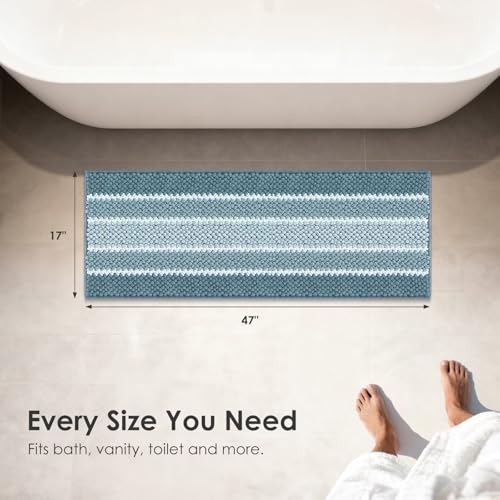 ArtyCozy Bathroom Rug, Extra Thick Absorbent Chenille Striped Pattern Shaggy Bath Mat Non Slip, Soft Plush Bath Floor Mats, Machine Washable, Blue, 17"x47" - color: Blue, size: 17" × 47"
