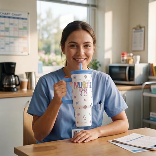 SANDJEST Nurse Stainless Steel Locking Lid Silicone Straw Tumbler with Handle 40oz, Insulated Stainless Steel Travel Cup for Women Girls Friends, Gift Idea for Birthday Christmas Nurse Week - color: Nurse