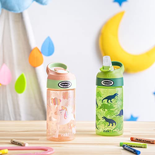 Zak Designs 16oz Riverside Kids Water Bottle with Spout Cover and Built-in Carrying Loop, Made of Durable Plastic, Leak-Proof Water Bottle Design for Travel (Unicorn & Dino Camo, Pack of 2) - color: Unicorn & Dino Camo