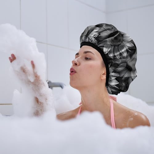 Luxury Shower Cap Terry Lined Reusable Triple Layer Waterproof Hair Elastic Caps Shower Bath Hat for Women Girls Cute Aesthetic-Black Sunflower - color: AL10-Black Sunflower