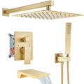 gotonovo Shower System with Tub Spout,Waterfall Tub Shower Faucet Set for Bathroom Head and Handle Set Wall Mounted 3 Function Rough-in Valve and Trim Included 12 inch Shower Head Brushed Gold - color: Brushed Gold, size: 12 inch Shower Head