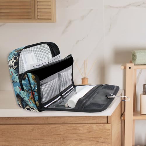 MNSRUU Hanging Toiletry Bag Gothic Skull Rose Travel Makeup bag for Toiletries Portable Travel Toiletry Organizer Cosmetic Bags with Hanging Hook - color: Skull I 4103