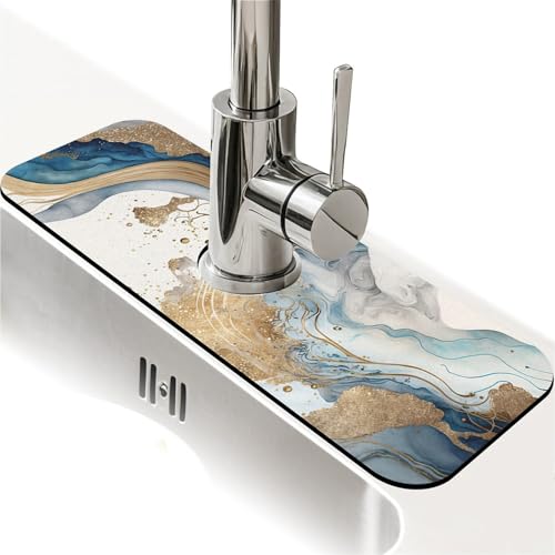 Kitchen Sink Splash Guard，Natural blue and gold marble Faucet Mat Sink Gadgets-Super Absorbent Fast Drying Mat Drip Catcher for Kitchen, Bathroom,Sink Mat, Dish Drying Mat, Bathroom(15" X 5.5" ) - color: Natural blue and gold marble