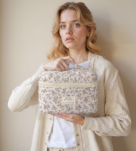 HBselect Quilted Makeup Bag, 3PCS Cotton Large Travel Makeup Bag, Cute Floral Coquette Make up Bag Cosmetic Bag Toiletry Bag for Women Girls - color: A-3PCS-Floral 23