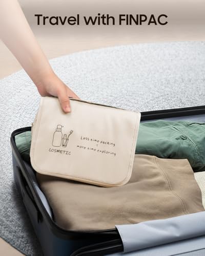 FINPAC Toiletry Bag, Large Capacity Hanging Makeup Bag with Waterproof PVC Compartment, Travel Cosmetic Organizer for Women, Makeup Lovers, Cruise, Gym, and Family Trips, Beige - color: Beige