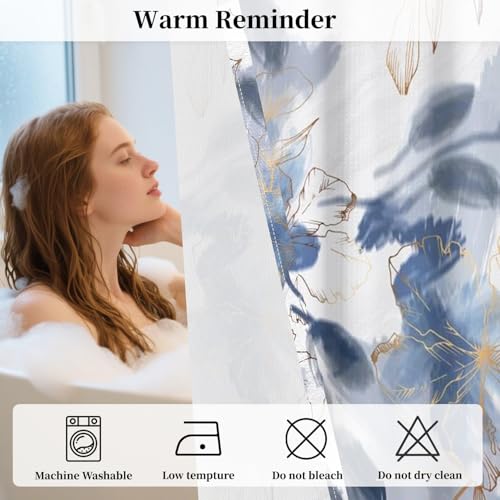No Hook Floral Shower Curtain with Snap in Liner 71x74 Inch | Blue Watercolor Flower with Gold Line Art, Shower Curtains for Farmhouse Bathroom, Waterproof Fabric with Mesh Top Window - color: Blue and Gold Floral
