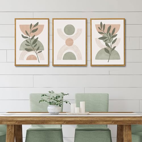 Bwodke Boho Wall Art, Framed Abstract Wall Art, Green Botanical Neutral Canvas Wall Decor, Large Mid Century Plant Pictures Set of 3, Modern Minimalist Paintings, for Bedroom Living Room Bathroom - color: Boho Green, size: 16"x24"Natural