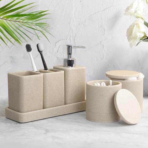 YMXYJM Bathroom Accessories Set, 6 Piece Bathroom Set with Toothbrush Holders, Soap Dispenser, Vanity Tray, Tumbler, Cotton Swab Jars, Bathroom Organizer，Bathroom Sink Sets, Stone Beige - color: Beige