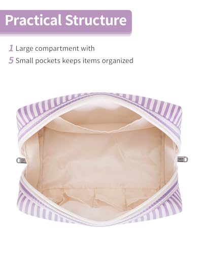 Narwey Striped Makeup Bag Travel Cosmetic Bag Organizer Toiletry Bag Make Up Bags with Compartments for Women Girls (Large, Purple Stripe) - color: A-Purple Stripe, style: Large