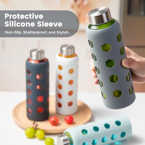 Mrsdry Glass Juice Bottles with Lids and Silicone Sleeves 18 oz, 4-Pack Reusable Clear Glass Water Bottles with Stainless Steel Airtight Cap for Juicing, Refrigerator, BPA Free Leak-Proof Drinking Jar - color: Gray