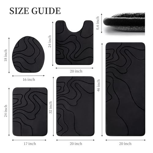 YIHOUSE Memory Foam Bathroom Rugs Sets 5 Piece - Extra Thick Ultra Soft Absorbent Bath Mat Set, Non-Slip Machine Washable Bath Rugs for Bathroom, Tub & Shower, Home Decor Accessories, Black - color: Black, size: 1'5" x 3'10" (5 pieces)