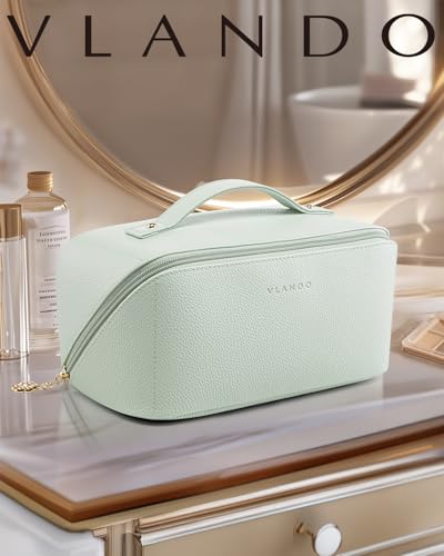 VLANDO Makeup Bag,Travel Toiletry Bag,Cosmetic Bag for Women PU Leather Portable Make up Bag for Skincare, Brushes & Travel Essentials-Mint Green - color: 07-Mint Green
