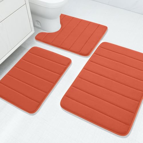 Buganda Memory Foam 3 Pieces Bathroom Rugs Set - Thick Soft Absorbent Bath Mats, Washable Small/Large/Contour Bath Rugs (24" x 16" + 30" x 20" + 24" x 20", Coral) - color: Coral, size: 24" X 16" + 30" X 20" + 24" X 20"