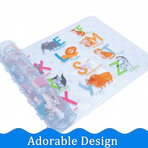 BEEHOMEE Cartoon Non Slip Bathtub Mat for Kids - 34x15 Inch XL Large Size Anti Slip Shower Mats for for Toddlers Children Baby Floor Tub Mats (Alphabet)