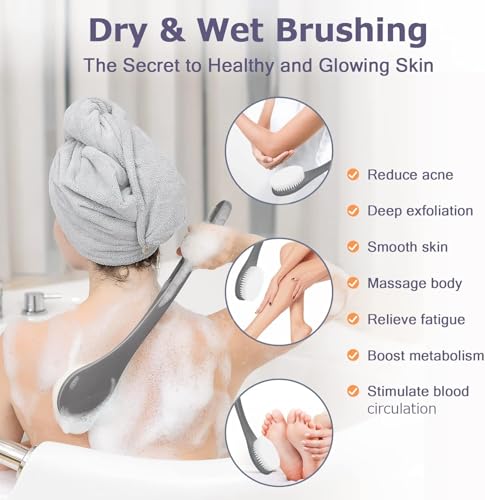 Body Back Scrubber – 17'' Long Handle Shower Brush, Durable Exfoliator for Dry & Wet Use, Deep Cleansing & Gentle Exfoliation for Smooth Skin – for Men, Women & Elderly (Gray) - size: 17“ Gray