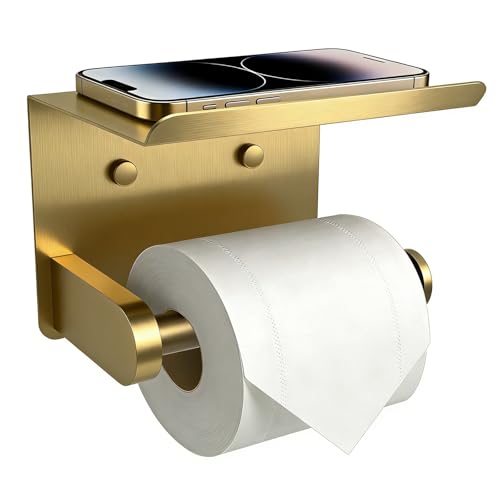 SetSail Toilet Paper Holder with Shelf Adhesive or Screw-in Bathroom Toilet Paper Roll Holders Wall Mount Gold Tissue Holder for Bathroom Hardware Accessories - color: Brushed Gold, size: 1 Packs