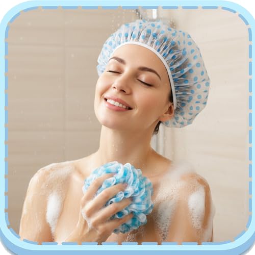 6PCS Shower Caps, Waterproof Reusable Plastic Shower Caps Elastic Band Flower Printed Hair Cap Bath Hair Hat for Women Ladies Spa Salon (Red+Green+Blue)