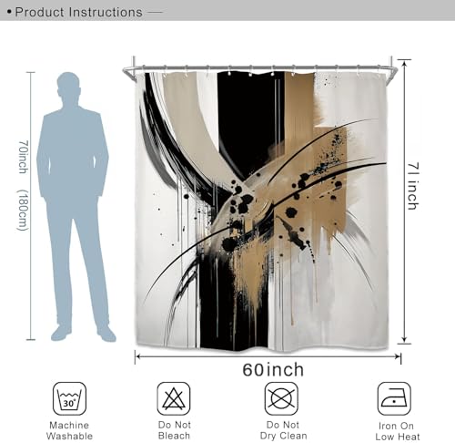 Miyotaa Abstract Modern Minimalist Shower Curtain Set 60Wx71H Inches Neutral Contemporary Brushstroke Aesthetic Art Black Tan Waterproof Bathroom Curtain with 12 Hooks - color: Black Tan Neutral, size: 60"W x 71"L (Pack of 1)