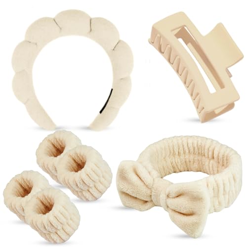 7 Pcs Spa Set, Facial Headband and Wristband Set, Skincare Accessories, College Style Girl Idea Gifts, Hair Accessories for Women and Girls (Khaki) - color: Khaki
