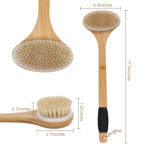 OWIIZI Back Scrub Brush for Shower,Stiff Boar Bristles Bamboo Curved Long Handle Antiskid Body Bath Brush for Back Use Wet or Dry,Deep Cleanse Large Surface Back Scrubber