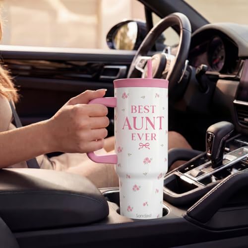 Aunt Gift from Niece Nephew, Stainless Steel Locking Lid Silicone Straw Tumbler with Handle 40oz, Best Aunt Ever Insulated Travel Cup for Aunties, Gift Idea for Birthday Christmas Mothers Day - color: Aunt