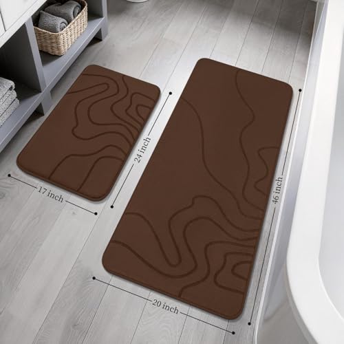 YIHOUSE Memory Foam Bathroom Rugs Sets 2 Piece - Extra Thick Ultra Soft Absorbent Bath Mat Set, Non-Slip Machine Washable Bath Rugs for Bathroom, Tub & Shower, Home Decor (17"x24"+20"x46", Coffee) - color: Coffee, size: 1'5" x 3'10" (17"x24"+20"x46")