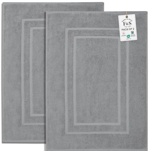 Feather & Stitch 2 Piece Towel Like Bath Mats (30x21 Inch) 100% Cotton Terry Bath Mats, Bathroom Shower Floor Mats [NOT A Bathroom Rug], Soft Absorbent Washable Mats - Dark Grey - color: Dark Grey