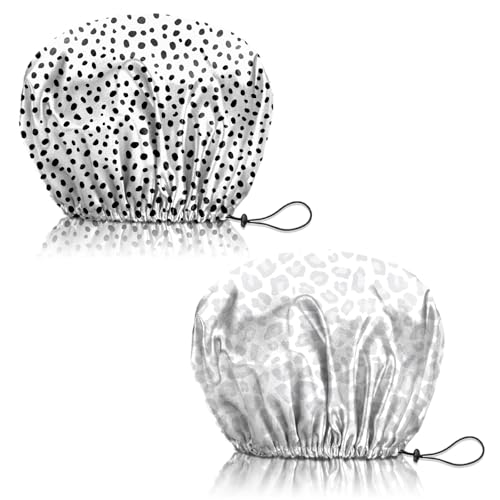 2 PCS Shower Cap Reusable Waterproof Adjustable Double Layer Elastic Dry Hair Bathing Caps Aesthetic Cute for Women Girls-Spot Gray - color: H-18-Spot Gray