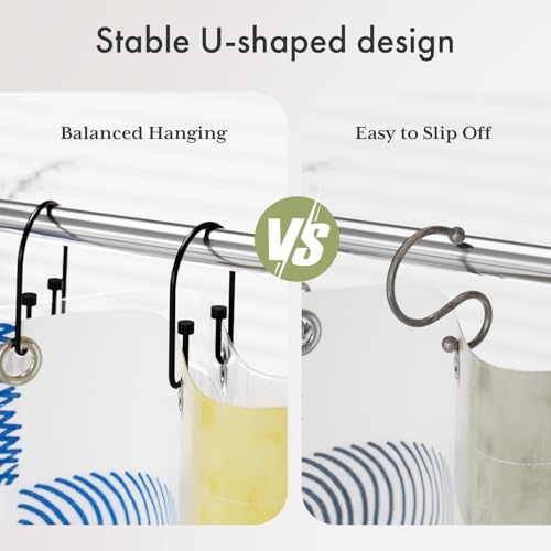 AmazerBath Shower Curtain Hooks, Black Shower Curtain Rings Rust Proof, Metal Shower Curtain Hooks Rings, Double Shower Hooks for Shower Curtain, Shower Rings for Show Curtain Liner and Rod, 12Pcs - color: Matte Black, style: Minimalist