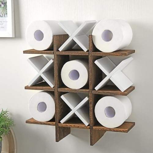 Weysat Tic Tac Toe Toilet Paper Holder Stand Bathroom Wall Decor Rustic Wooden Hanging Storage Freestanding Wall Mounted Shelves Decor for Toilet Tissue Farmhouse - color: White, Dark Brown