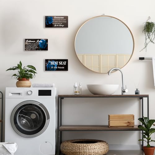 DONFENTHY 3 Pcs Blue Bathroom Rules Decor Blue Bathroom Decor Rustic Farmhouse Wooden Best Seat in The House Blue Rose Hanging Wall Art Blue Bathroom Accessories for Bathroom Toilet Decor(Blue10x5") - color: Blue Rose