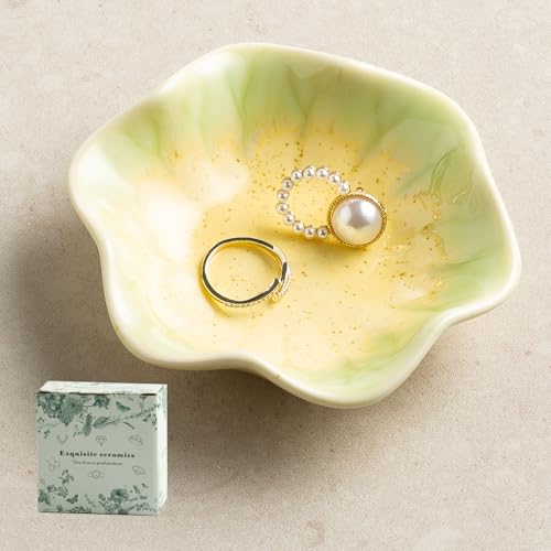Ceramic Lotus Leaf Trinket Dish, Ring Holder for Jewelry | Keeps earrings, necklaces, keys, and keepsakes handy on vanities or nightstands, a sweet gift for moms, sisters, and friends - color: Sesame Gold